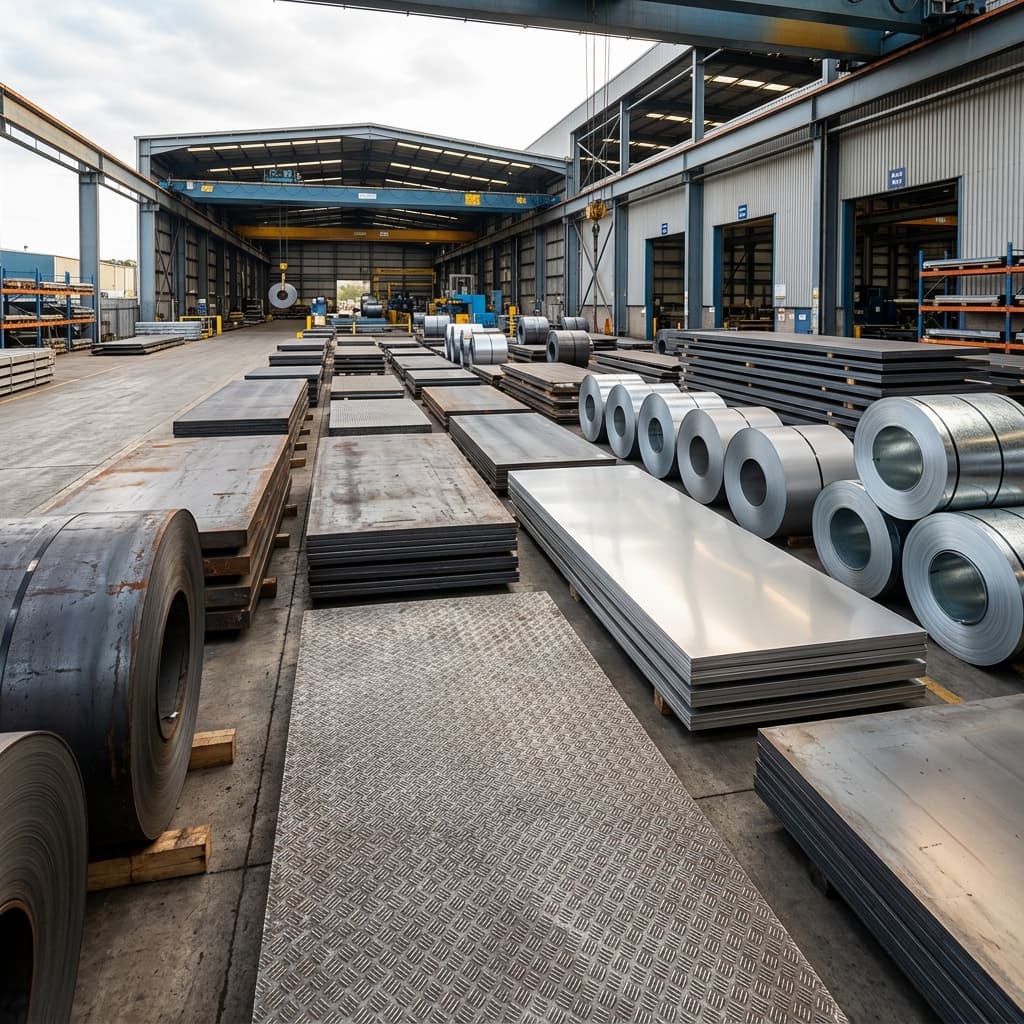 Merged industrial visual of flat steel products including hot rolled, chequered, cold rolled, galvanised, stainless and HRPO