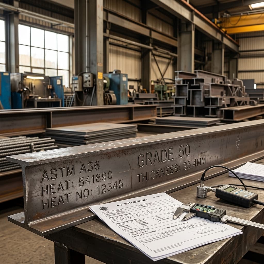 Industrial grade specifications visual with steel surfaces, markings and documentation context