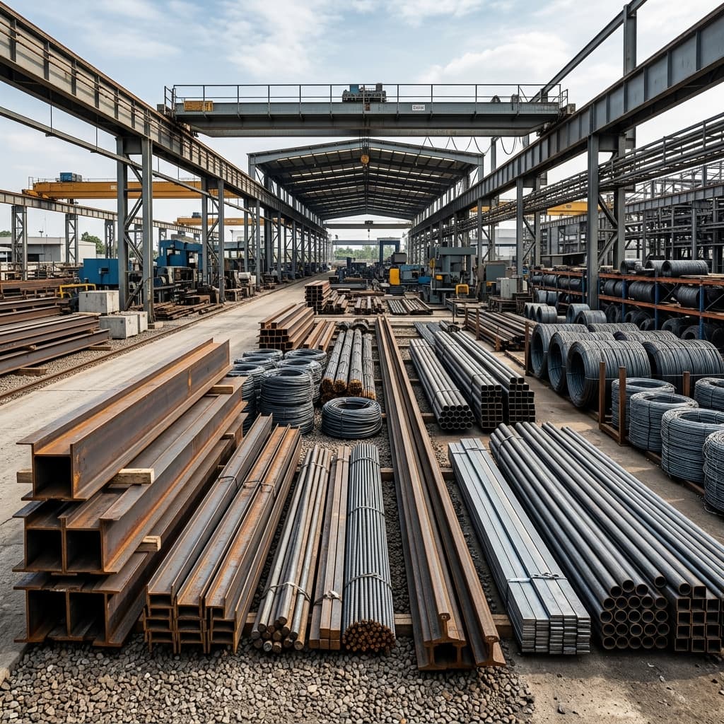 Merged industrial visual of long steel products including beams, channels, angles, bars, TMT, flats, rails, tubes and wire